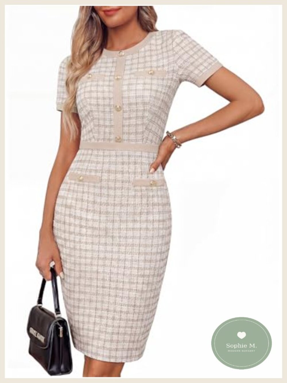 Tweed Bodycon Dress Short Sleeve Crew Neck Work Office Plaid Pocket